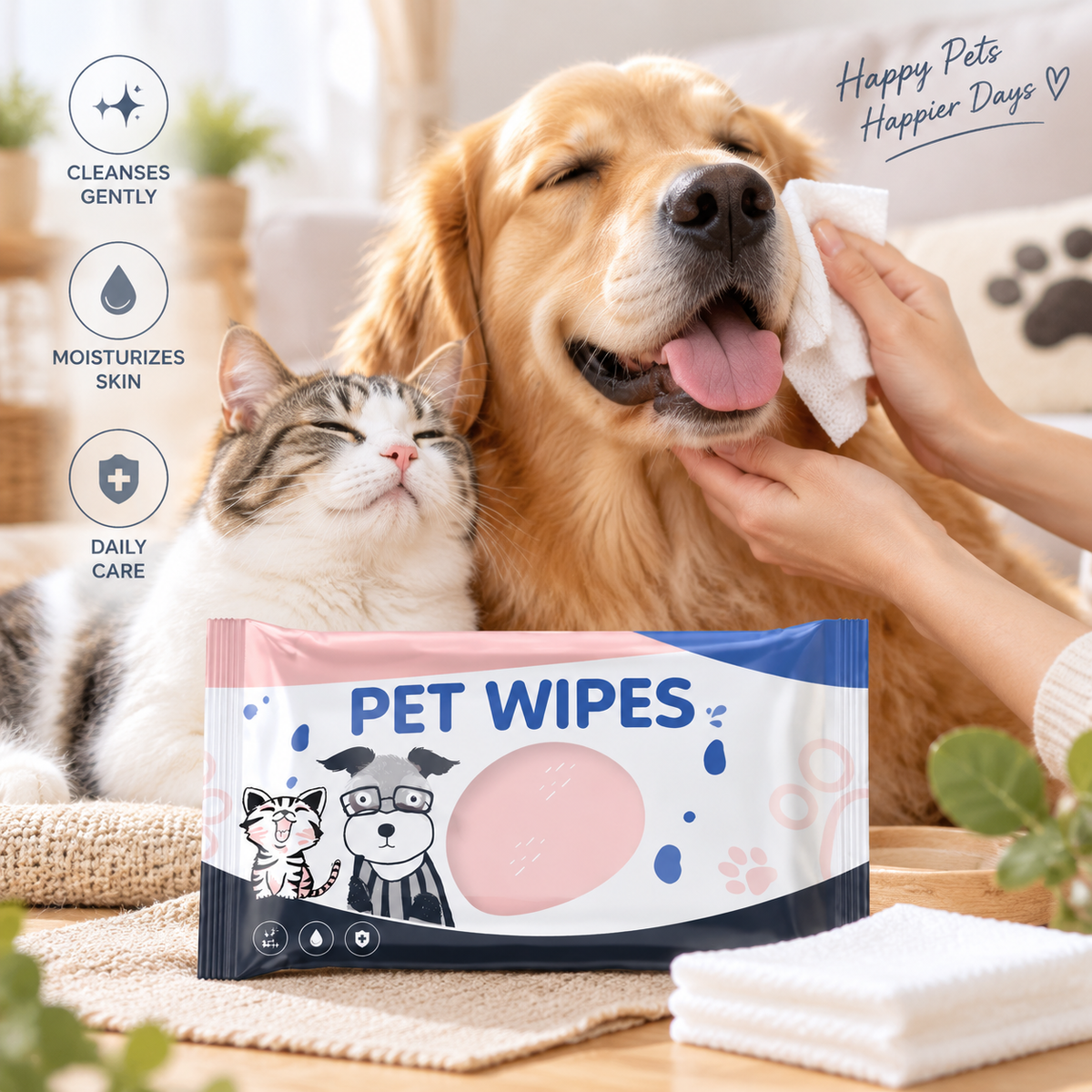 Pet Cleaning Wipes for Cats and Dogs, Gentle Daily Care Wipes for Face, Ears and Body Cleaning